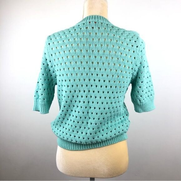 Women's Joe Fresh Perforated Knit Crew Neck Short Sleeve Sweater Sz L Turquoise - Picture 6 of 11